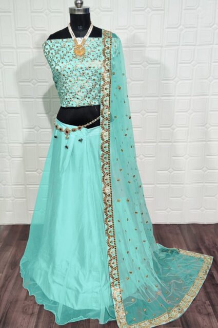 Embroidery Work Sea Green Lahenga