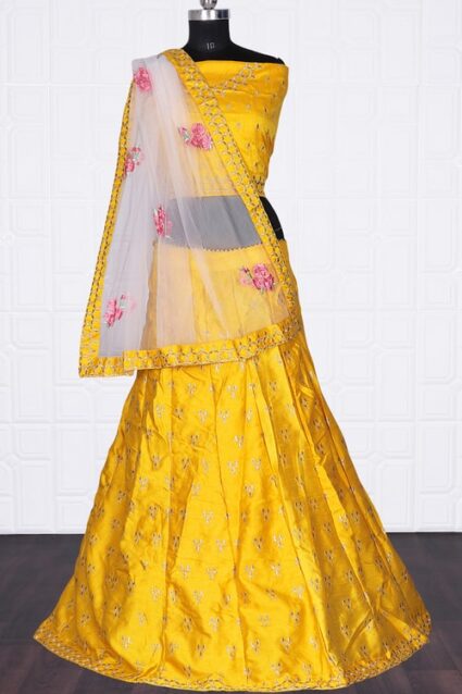 Embroidery Work  Yellow Colour Lahenga