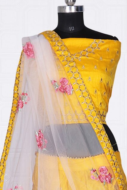 Embroidery Work  Yellow Colour Lahenga