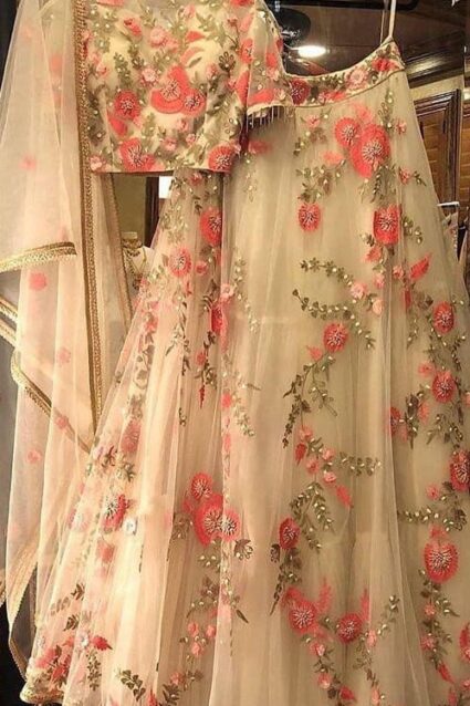 Embroidery Work  White Colour Lahenga