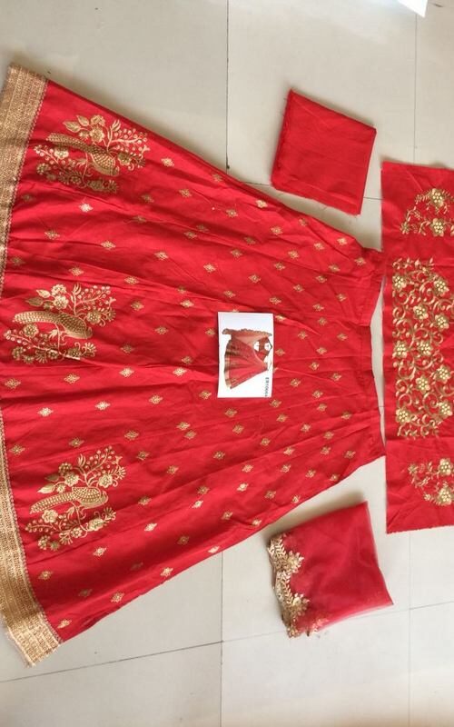 Red Peacock Embroidery Silk Lahenga