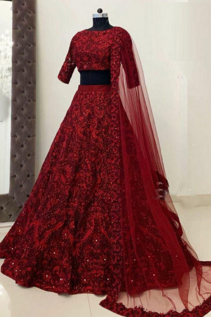 Pretty Woman Maroon Net Lehenga
