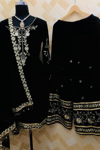Latest Black Embroidered Georgette Sharara Suit Latest Black Embroidered Georgette Sharara Suit