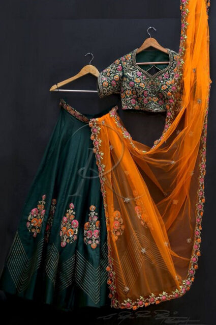Fabulous Dark Green Silk Lahenga