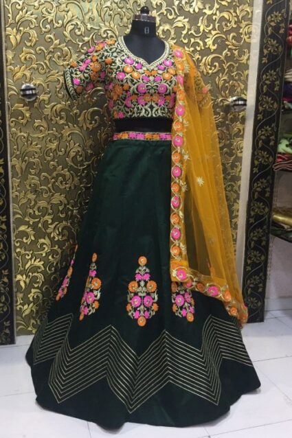 Fabulous Dark Green Silk Lahenga