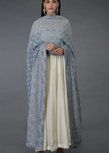 Solid Off-White Indian Ethnic Suit with Thread Embroidery Dupatta