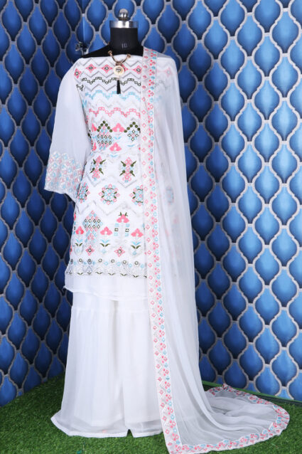 Yankita Kapoor White Plazzo Suit with Mirror Work Yankita Kapoor White Plazzo Suit with Mirror Work