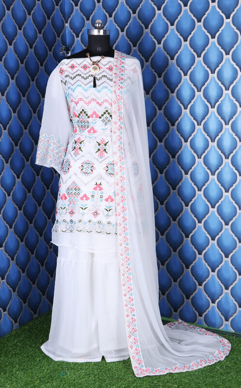 Yankita Kapoor White Plazzo Suit with Mirror Work