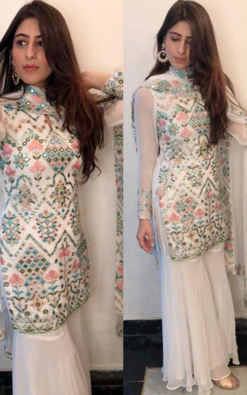 Yankita Kapoor White Plazzo Suit with Mirror Work