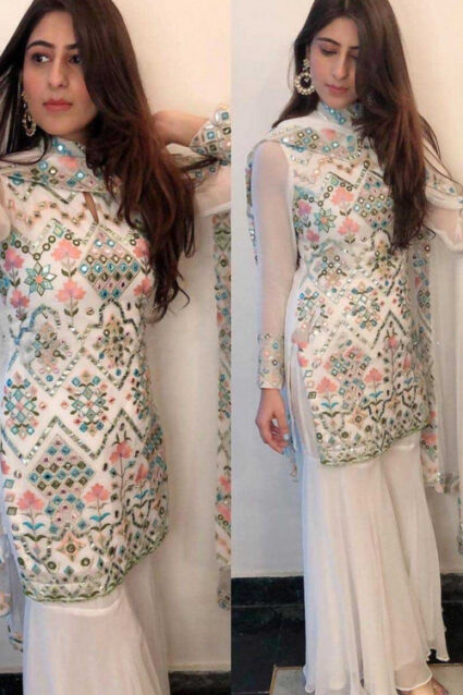 Yankita Kapoor White Plazzo Suit with Mirror Work Yankita Kapoor White Plazzo Suit with Mirror Work