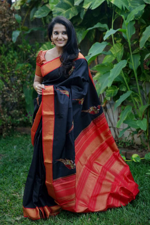 Classic Red & Black Three Peacock Kanjivaram Saree