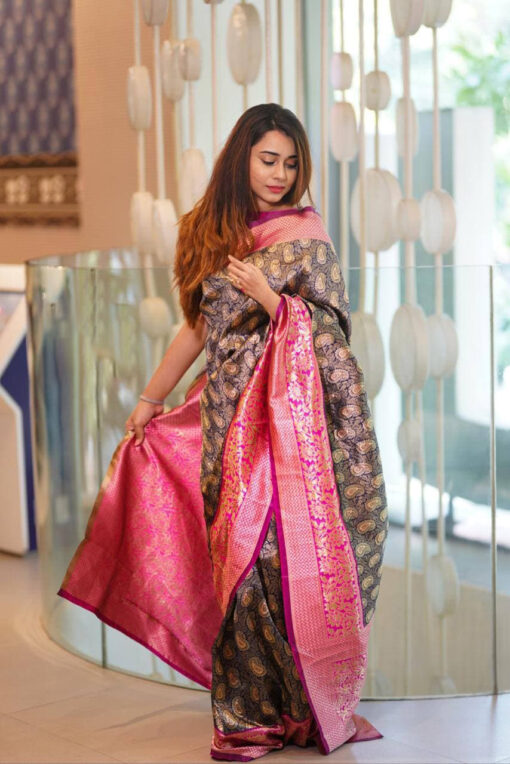 Beautiful Blue & Pink Heavy Zari woven Banarasi Silk Saree