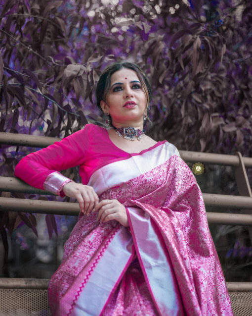 Beautiful Pink Color with Silver Zari Border Banarasi Silk Saree