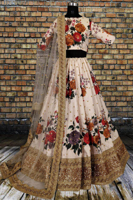 White  Colour heavy Satin Silk With Red Flower Print Lahenga