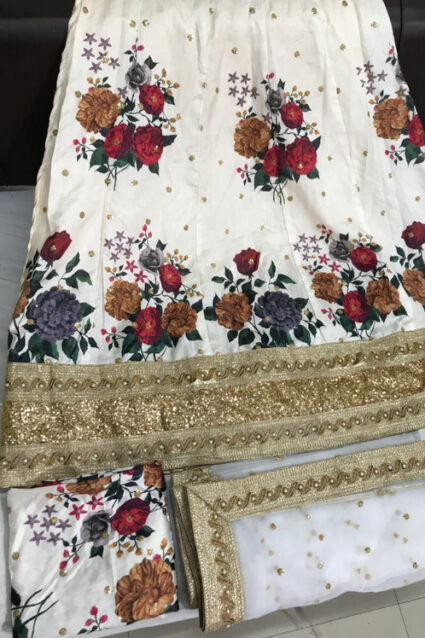 White  Colour heavy Satin Silk With Red Flower Print Lahenga