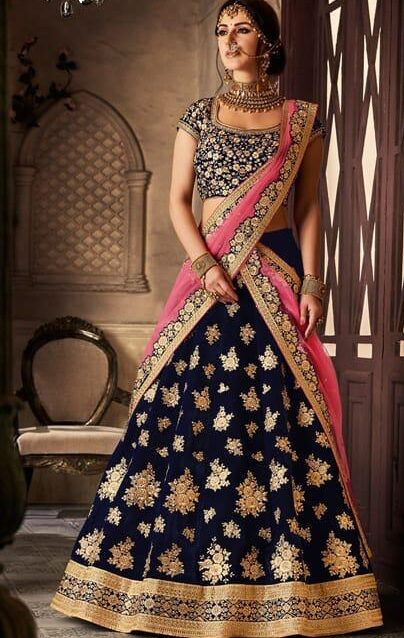Navy Blue Colour Fabulous Designer Velvet Lahenga