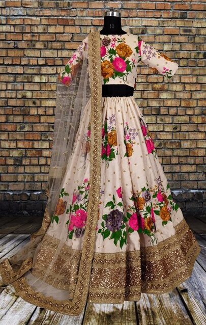 White  Colour heavy Satin Silk With Pink Flower Print Lahenga