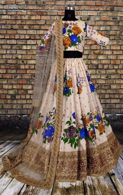 White  Colour heavy Satin Silk With Blue Flower Print Lahenga