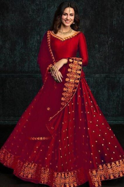 Red Colour Designer  taffeta Silk Lahenga