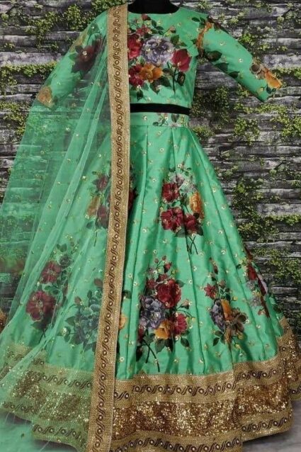 Green  Colour heavy Satin Silk With Beautiful Flower Print Lahenga