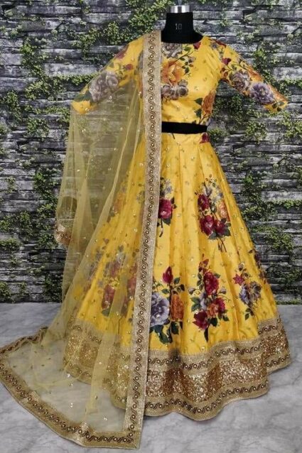 Yellow  Colour heavy Satin Silk With Beautiful Flower Print Lahenga