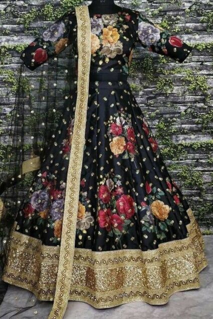 Black Colour heavy Satin Silk With Beautiful Flower Print Lahenga