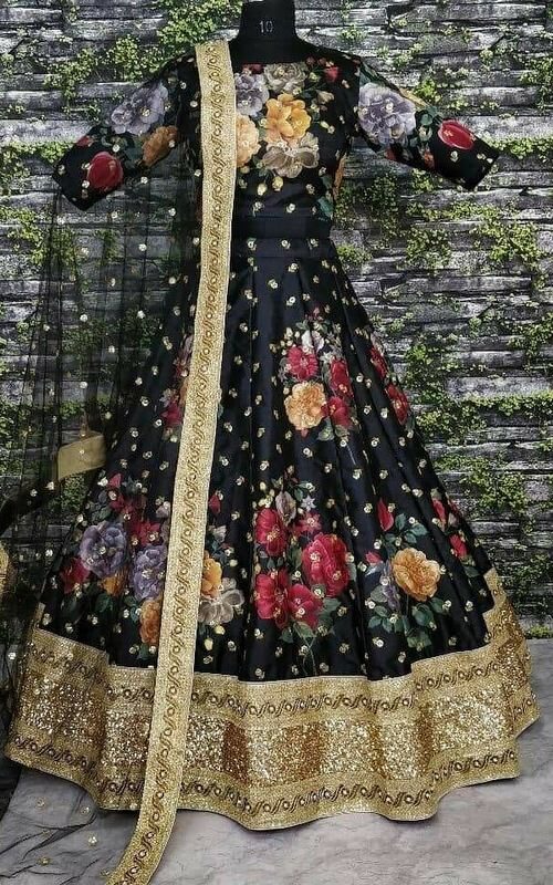 Black Colour heavy Satin Silk With Beautiful Flower Print Lahenga
