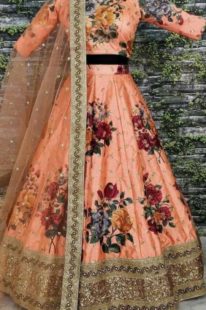 Orange Colour heavy Satin Silk With Beautiful Flower Print Lahenga