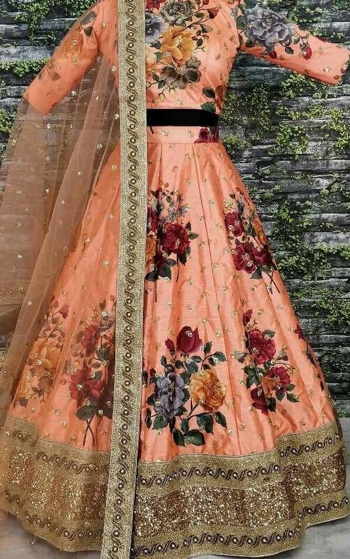 Orange Colour heavy Satin Silk With Beautiful Flower Print Lahenga