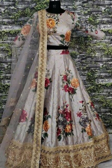 Grey Colour heavy Satin Silk With Beautiful Flower Print Lahenga