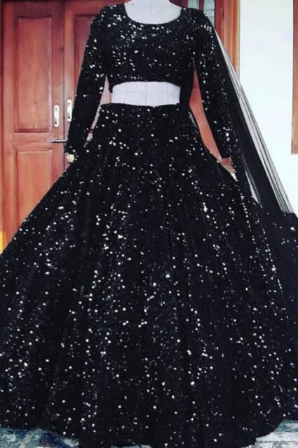 Black Colour Sequence Work Velvet Lahenga