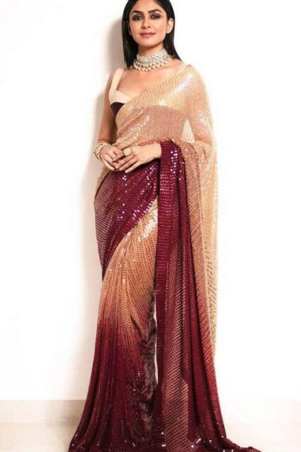 Beautiful Brown Maroon Sequence Saree