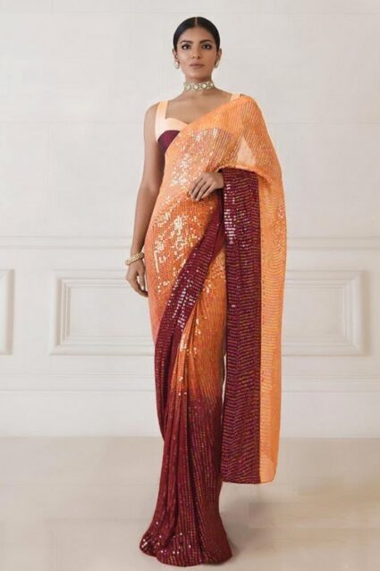 Dyed Orange Maroon sequence saree