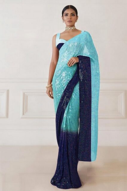 Dyed Sky Blue Navy Blue sequence saree