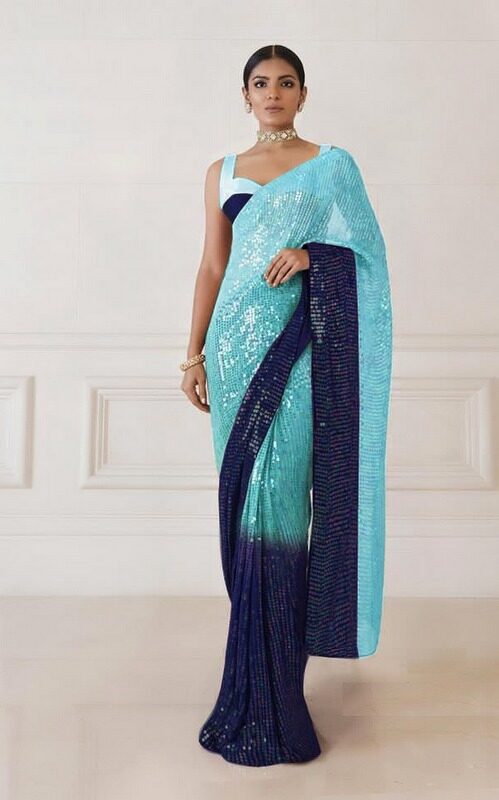 Dyed Sky Blue Navy Blue sequence saree