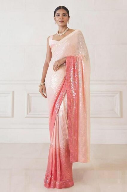 Dyed White Red Sequence Saree