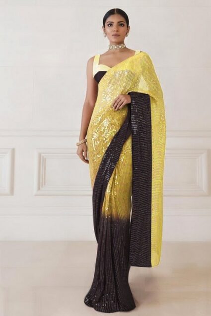 Dyed Yellow Black sequence saree