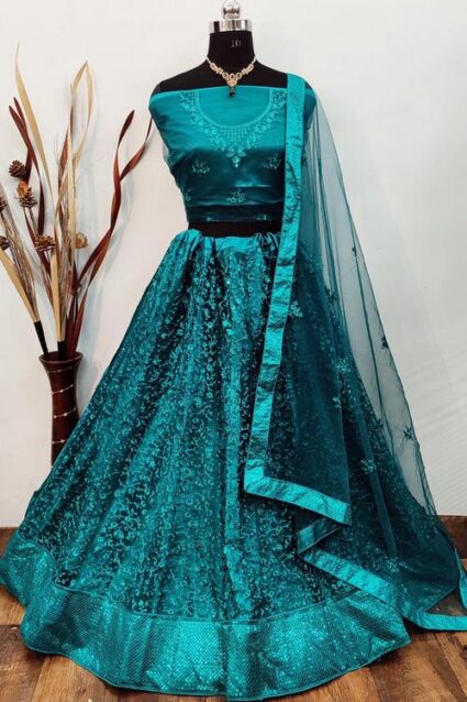 Firozi Colour  Designer embrodiery And Sequence Work Net Lahenga