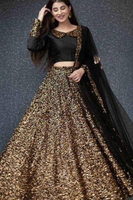 Gold Colour Sequence Work Velvet Lahenga