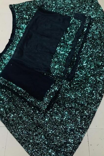 Green Colour Sequence Work Velvet Lahenga