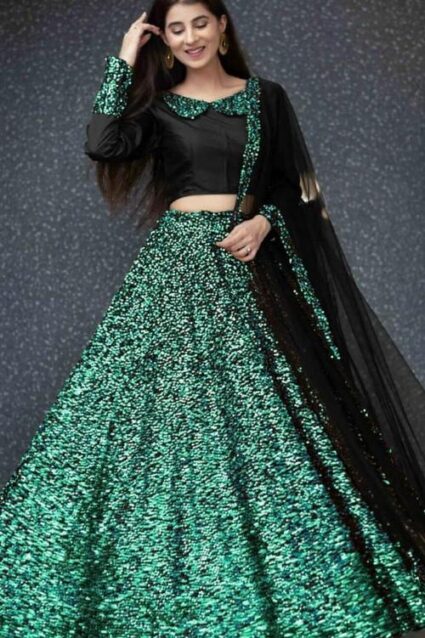 Green Colour Sequence Work Velvet Lahenga