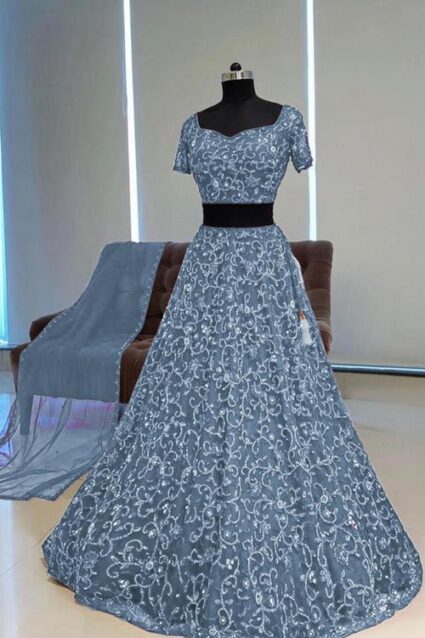 Grey Colour Designer Chain Work Net Lahenga