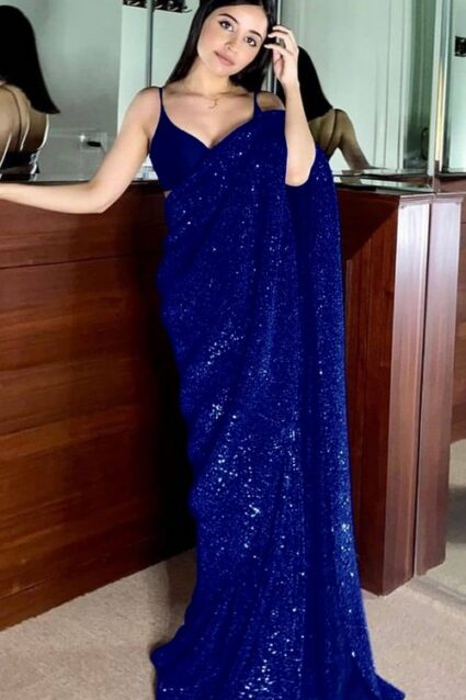 Latest Blue Sequence Glitter Saree with Blouse