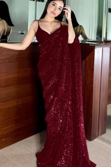 Latest Maroon Sequence Glitter Saree with Blouse