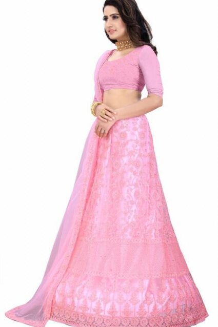 Pink Colour  Chain Work Net Lahenga