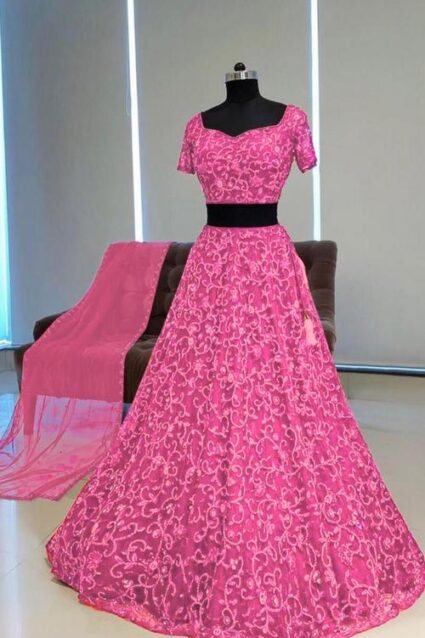 Pink Colour Designer Chain Work Net Lahenga