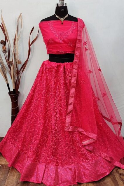 Pink Colour  Designer embrodiery And Sequence Work Net Lahenga