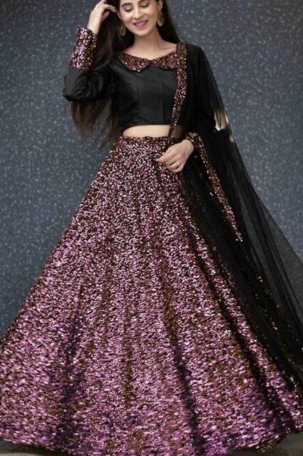 Purple Colour Sequence Work Velvet Lahenga