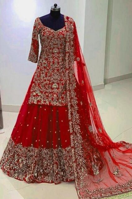 Red Colour Designer Georgette Lahenga