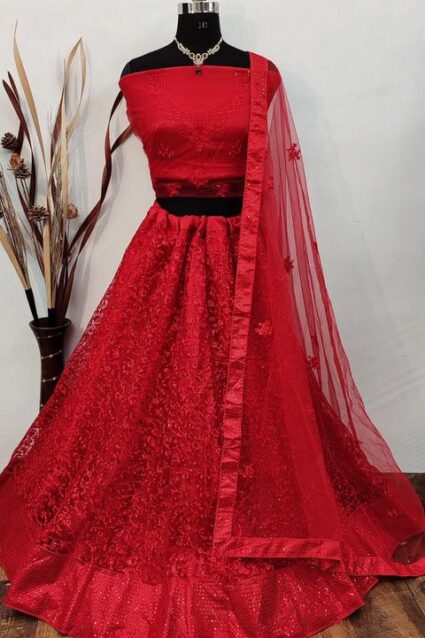 Red Colour  Designer embrodiery And Sequence Work Net Lahenga